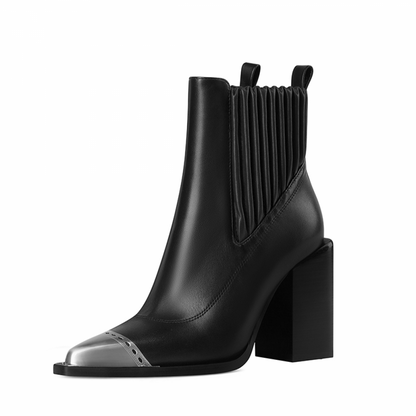 Women's Black Chunky Heel Silver Cap Toe Side Zip Ankle Boots