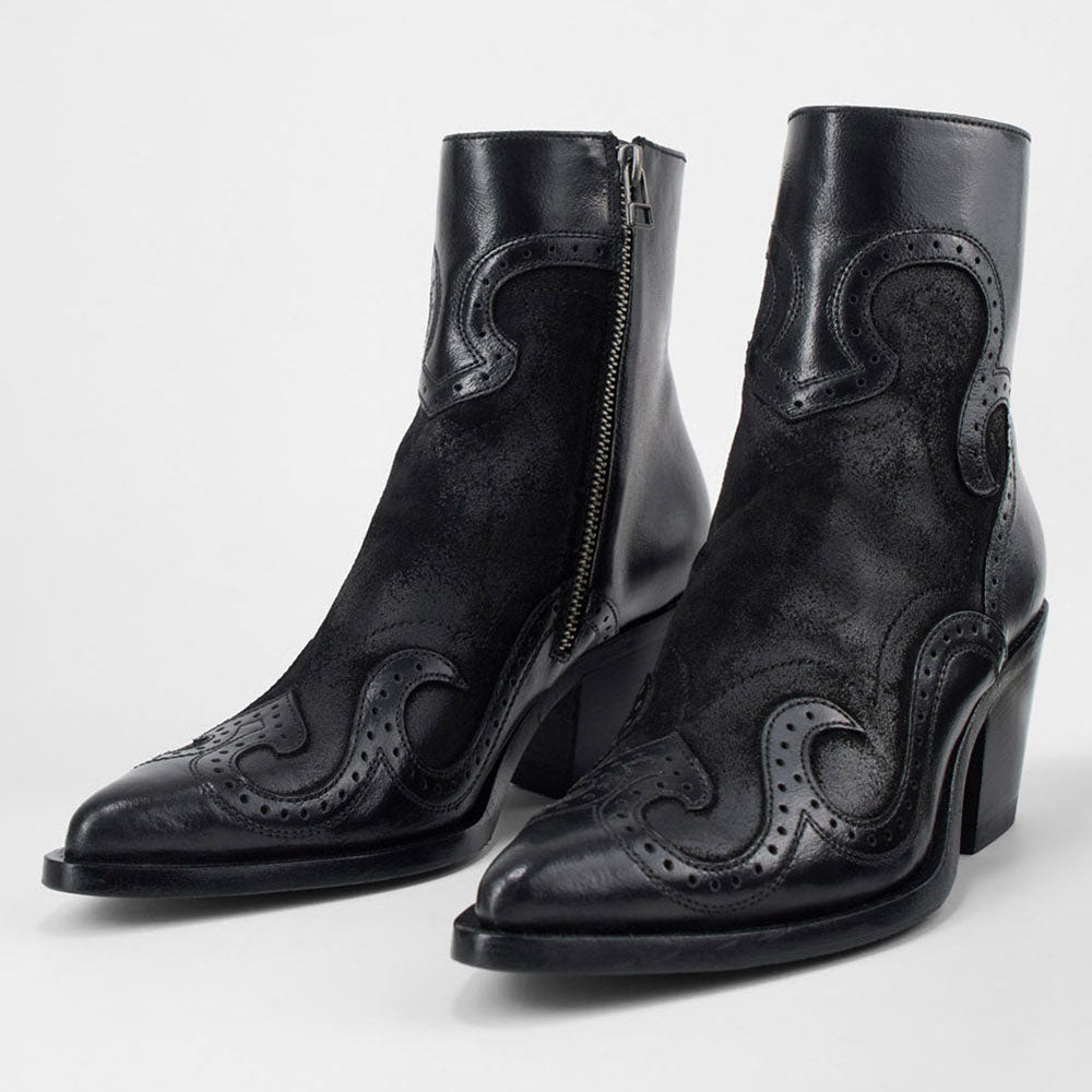 Black Patchwork Pointed Toe Perforated Block Heel Zip Ankle Boots