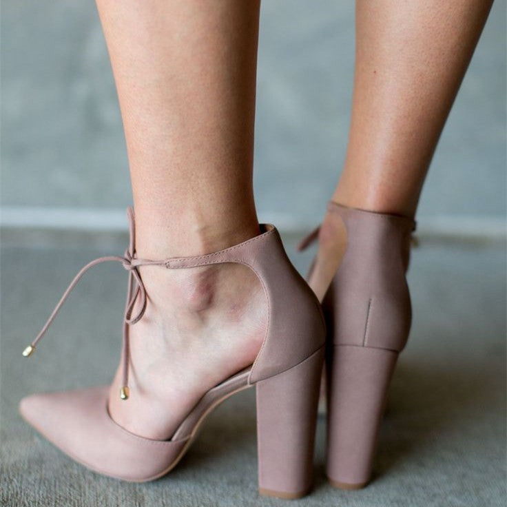 Old Pink Lace Up Sandals Pointed Toe Chunky Heels for Women