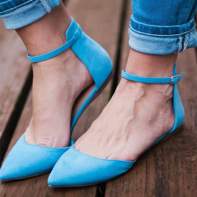 Women's Blue Vegan Suede Pointed Toe Ankle Strap Comfy Flats