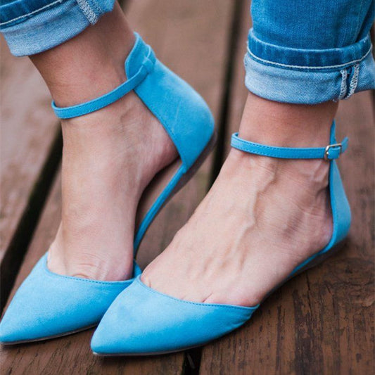 Women's Blue Vegan Suede Pointed Toe Ankle Strap Comfy Flats