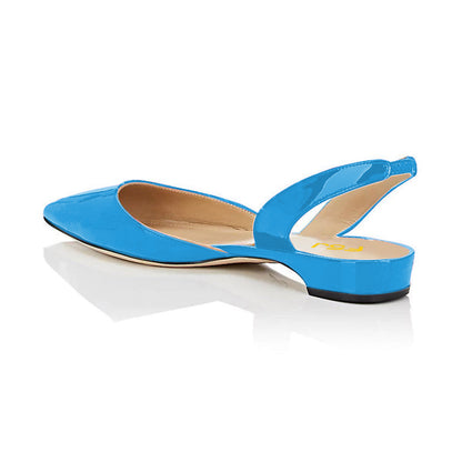 Blue Patent Leather Slingback Shoes Pointy Toe Comfortable Flats