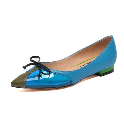 Blue Pointed Toe PVC Splicing Design Fashion Flats with Bow Knot