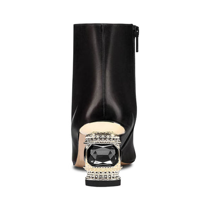 Black Pointed Toe Decorative Heel Side-Zip Shiny Elegant Ankle Boots