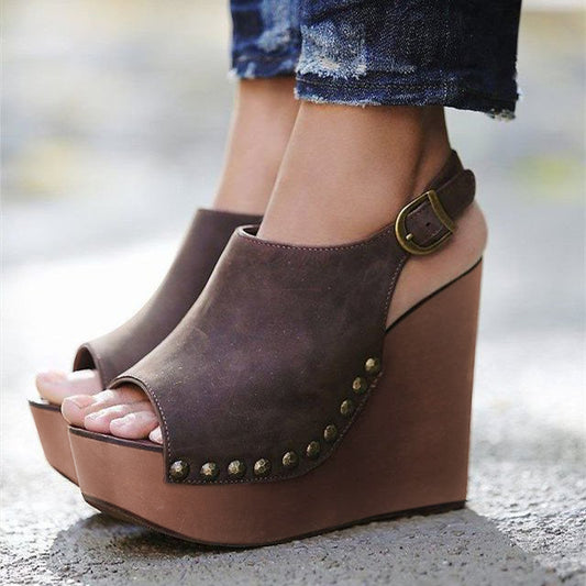 Brown Open Toe Studded Clog Heels Slingback Platform Wedge Shoes