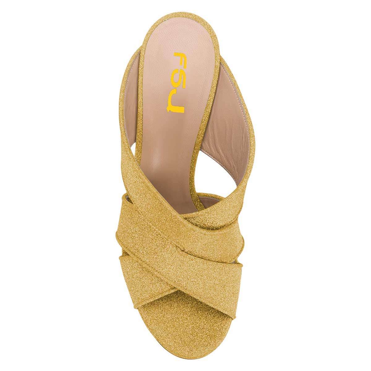 Yellow Glitter Platform Mules Peep Toe Chunky Heels