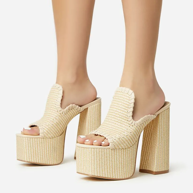 Beige Raffia Open Toe Chunky Heel Woven Platform Mules Sandals