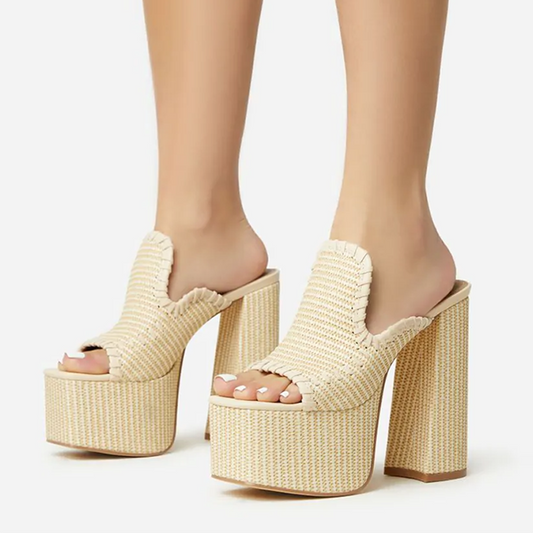 Beige Raffia Open Toe Chunky Heel Woven Platform Mules Sandals