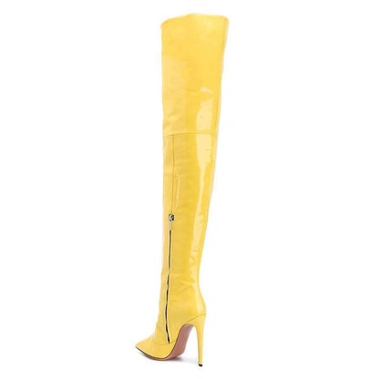 Yellow Patent Leather Thigh High Heel Boots