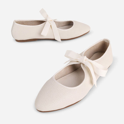 Ivory Closed-Toe Lace-Up Casual Ballet Flats with Straps