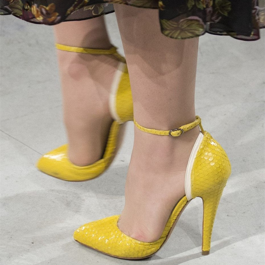 Yellow Python Embossed Pointed Toe Ankle Strap Pumps Heels