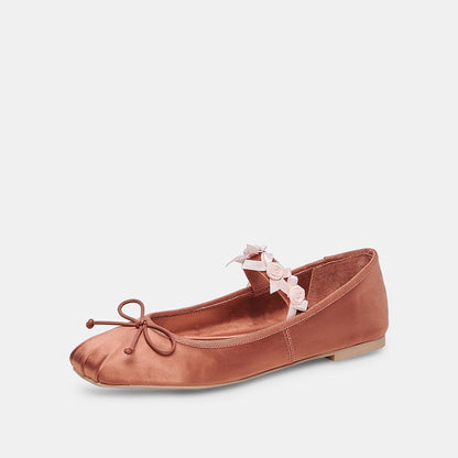 Pink Satin Square Toe Shoes Bow Embellished Ballet Flats with Straps