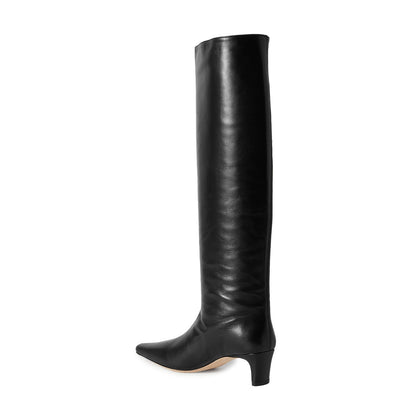 Black Vegan Leather Square Toe Chunky Heel Knee High Boots for Women