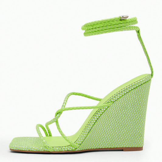 Green Square Toe Wrapped Shoes Office Heels Wedge Sandals for Women