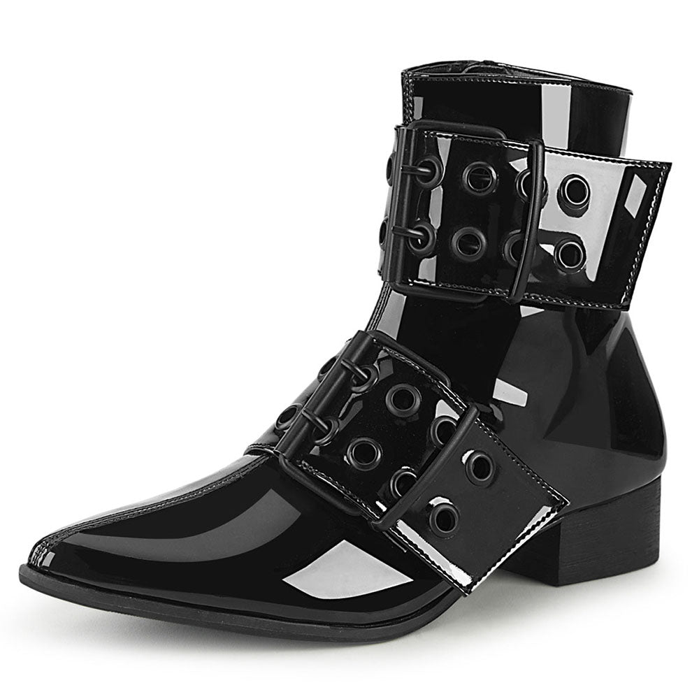 Black Patent Leather Pointed Toe Chunky Heel Studded Ankle Boots