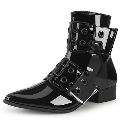Black Patent Leather Pointed Toe Chunky Heel Studded Ankle Boots