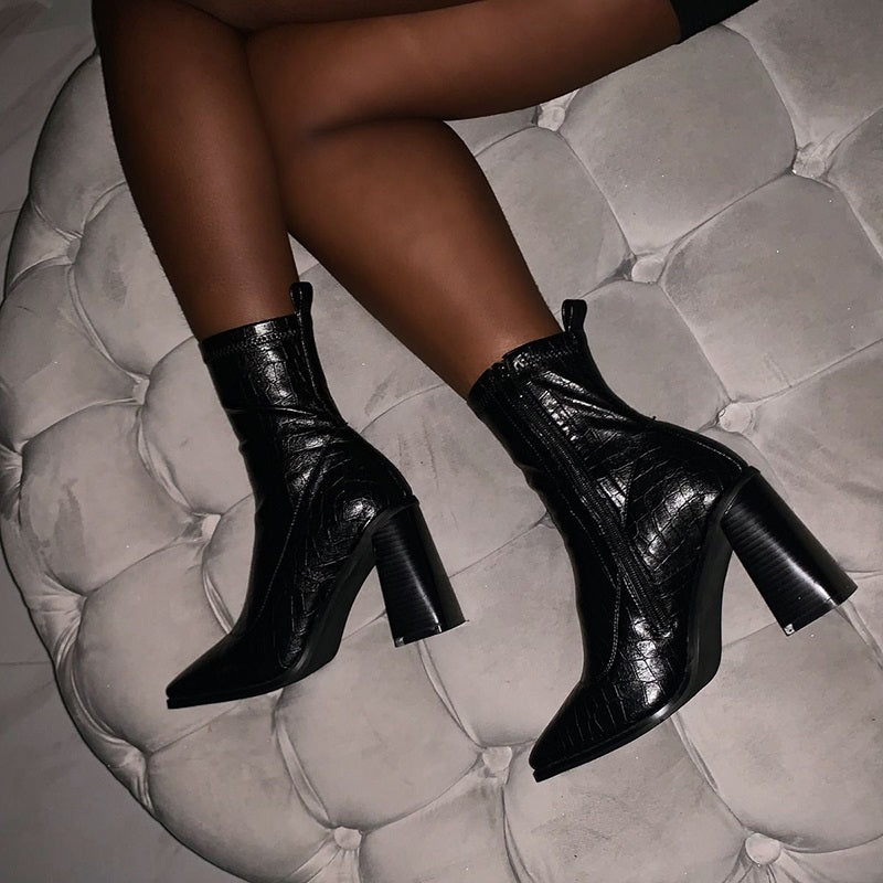 Black Bamboo Chunky Heel Pointy Toe Mid Calf Boots