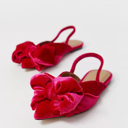 Rose Red Velvet Slingback Shoes Pointed Toe Flats with Bow