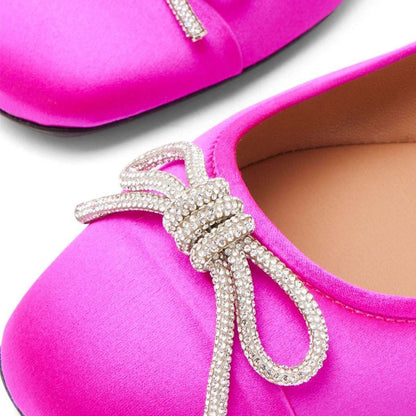 Satin Rhinestone Bows Round Toe Slip-On Ballet Flats in Fuchsia