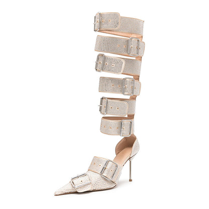 Champagne Satin Crystal Embellished Buckled Straps Knee High Boots