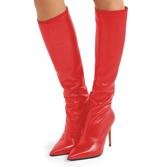 Red Pointed Toe Stiletto Heel Rear Zip Closure Women's Knee High Boots