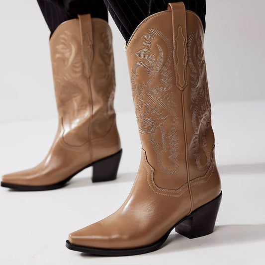 Classic Brown Embroidered Chunky Heel Mid-Calf Cowboy Boots for Women