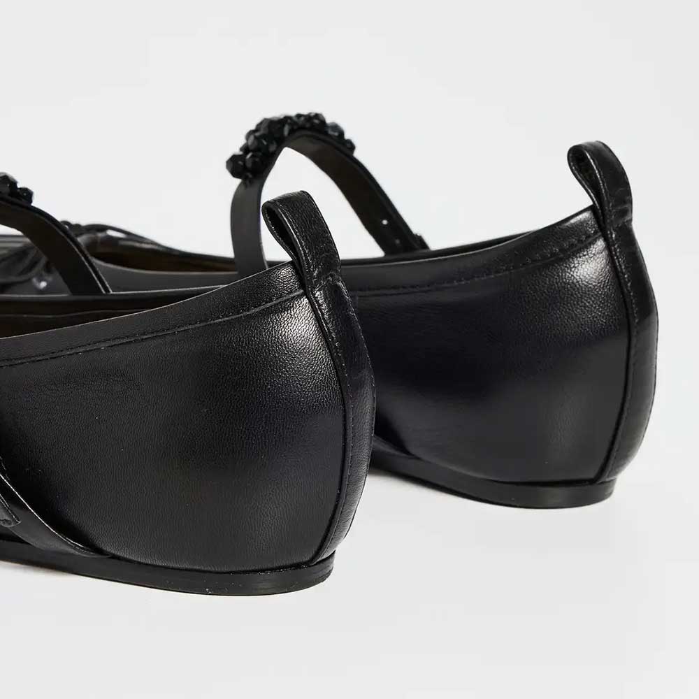 Black Bow Pleated Round Toe Ballet Flats with Beaded Buckle Strap