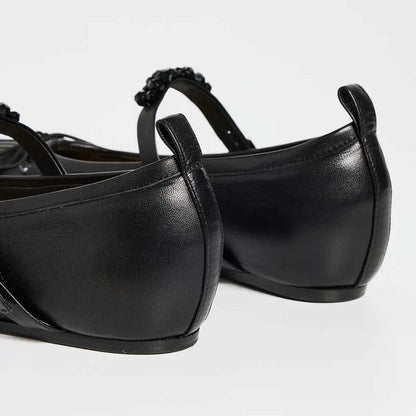 Black Bow Pleated Round Toe Ballet Flats with Beaded Buckle Strap