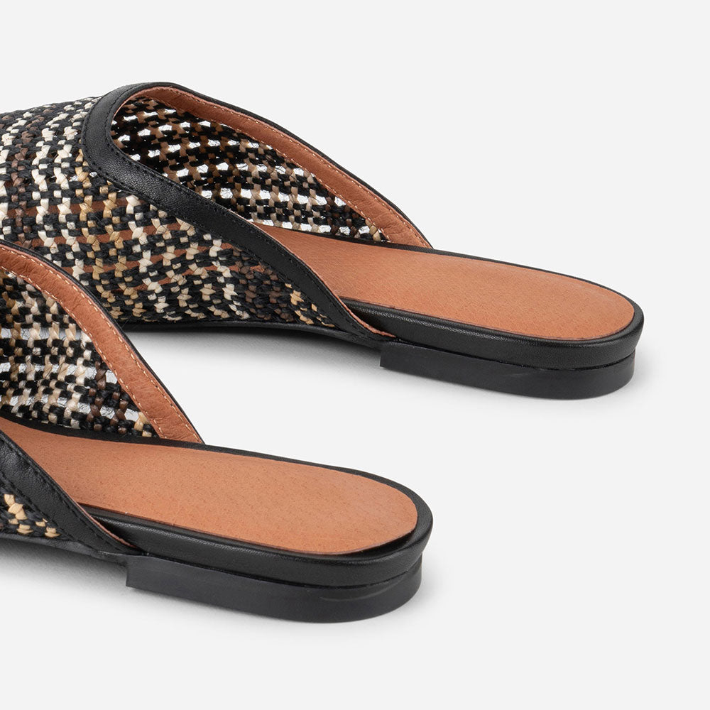 Multicolor Cut-Out Square Toe Woven Detail Casual Flat Mules