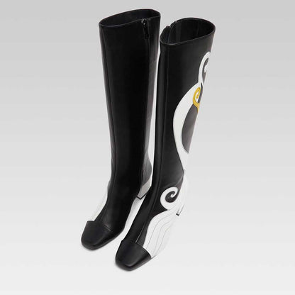 Black & White Square Toe Swan Patchwork Heeled Knee High Boots