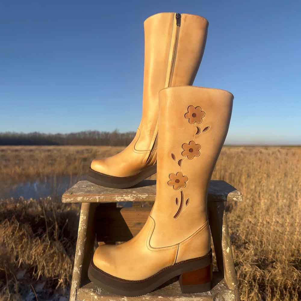 Tan Chunky Heel Flower Inlay Zipper Platform Mid Calf Boots for Women