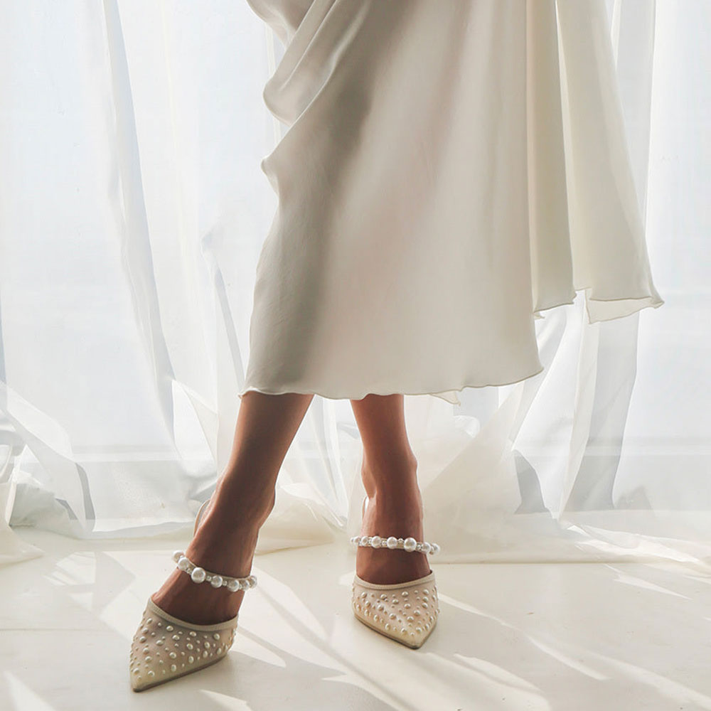 Beige Mesh Pointed Toe Pearl Embellished Wedding Shoes Mule Heels