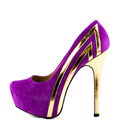 Women's Purple and Gold Platform Pumps with Printed Outsole