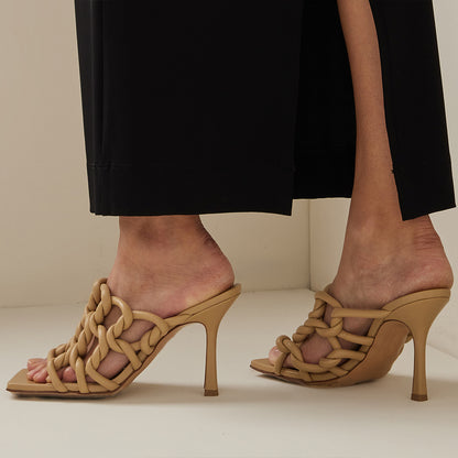 Beige Square Toe 3'' Stiletto Heel Strappy Mules