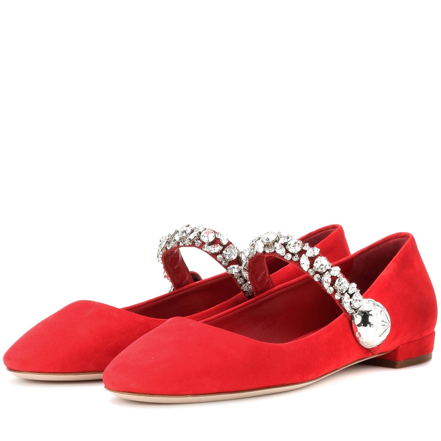 Red Vegan Suede Round Toe Rhinestone Strap Mary Jane Flats