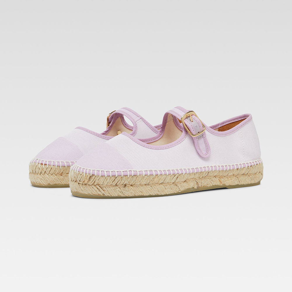 Lavender & White Round Toe Buckled Strap Espadrille Mary Jane Flats