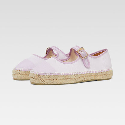 Lavender & White Round Toe Buckled Strap Espadrille Mary Jane Flats