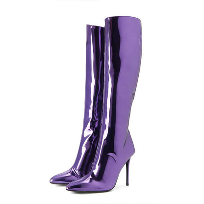 Purple Metallic Patent Leather Pointed Toe Side-Zip Knee High Boots