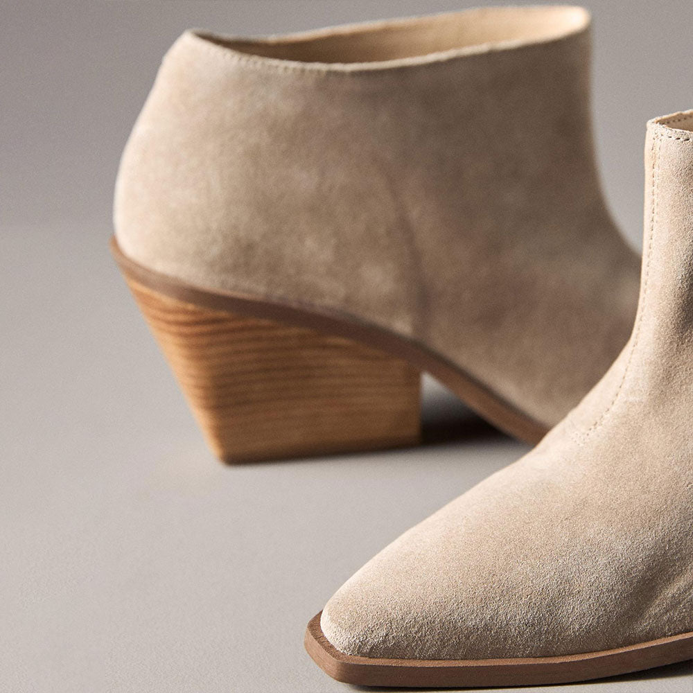 Beige Vegan Suede Pointed Toe Pull-On Chunky Heeled Ankle Boots