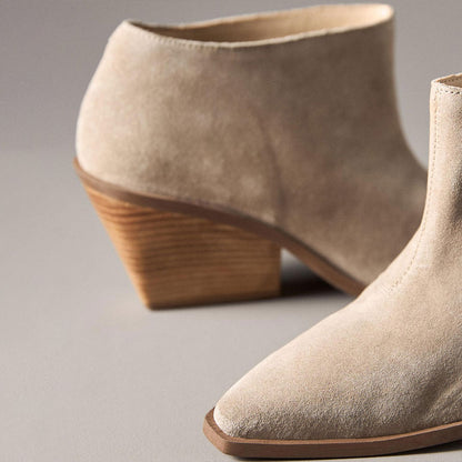 Beige Vegan Suede Pointed Toe Pull-On Chunky Heeled Ankle Boots