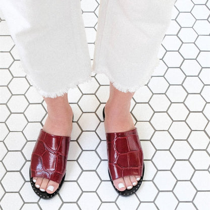 Burgundy Croco Embossed Flats Open-Toe Studded Women's Slide Sandals