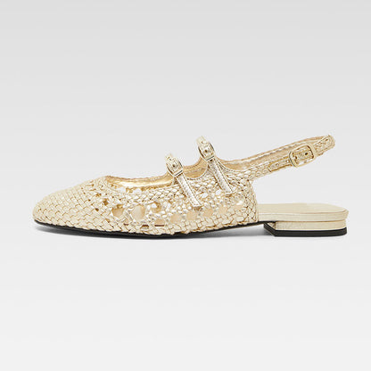 Gold Woven Round Toe Buckled Strappy Mary Jane Flats with Slingback