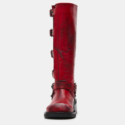 Maroon Distressed Round Toe Chunky Heel Buckled Knee High Boots