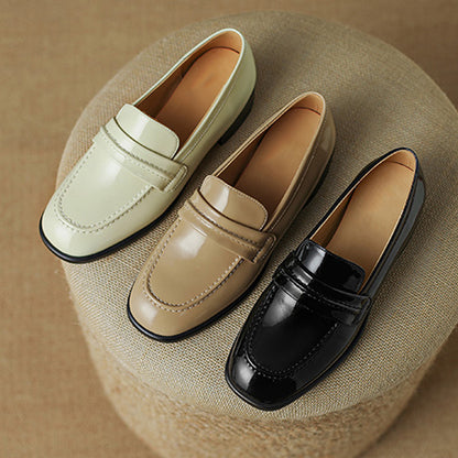 White Patent Leather Closed Toe Chunky Heel Formal Loafers