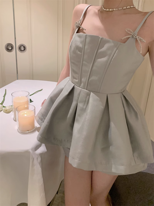 Cute Fashion Gray Spaghetti Strap Design A-line Satin Party Dress Homecoming Dress TP3817
