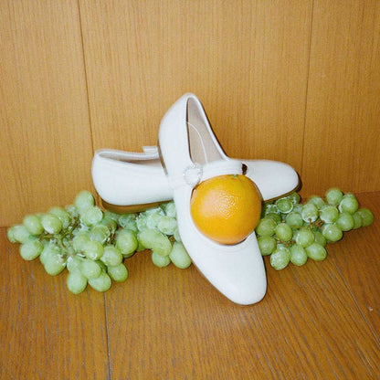 White Vegan Leather Round Toe Mary Jane Flats with Rhinestone Buckle