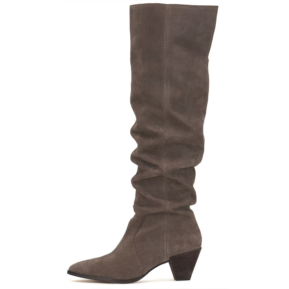 Gray Faux Suede Pointed Toe Chunky Heel Wide Calf Knee High Boots