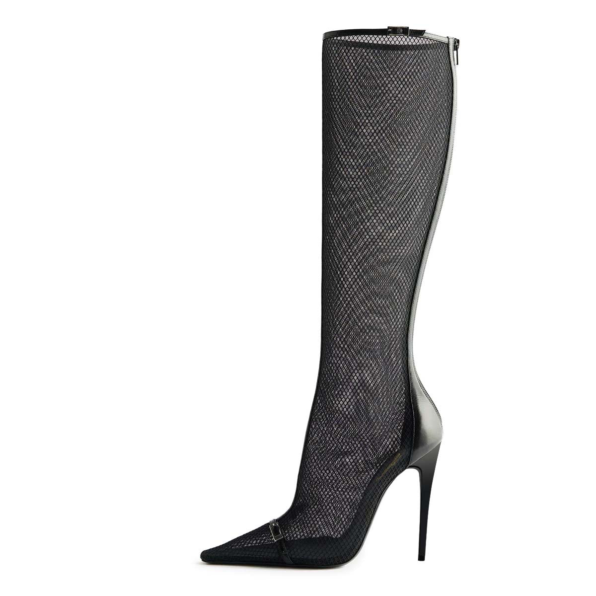 Black Mesh Buckle Strap Pointed Toe Stiletto Heel Zip Knee High Boots