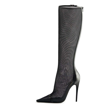 Black Mesh Buckle Strap Pointed Toe Stiletto Heel Zip Knee High Boots
