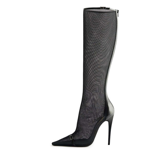 Black Mesh Buckle Strap Pointed Toe Stiletto Heel Zip Knee High Boots
